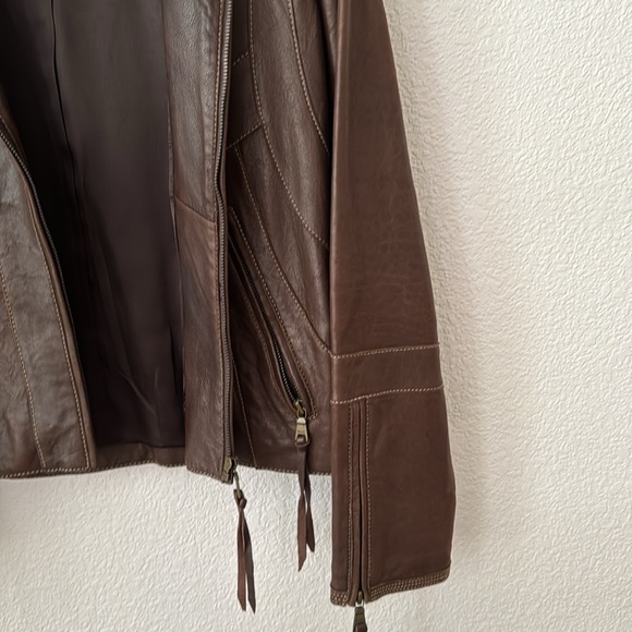 XS Marc New York Genuine Leather Brown Zip up Bomber Jacket removable fur collar - Picture 5 of 13
